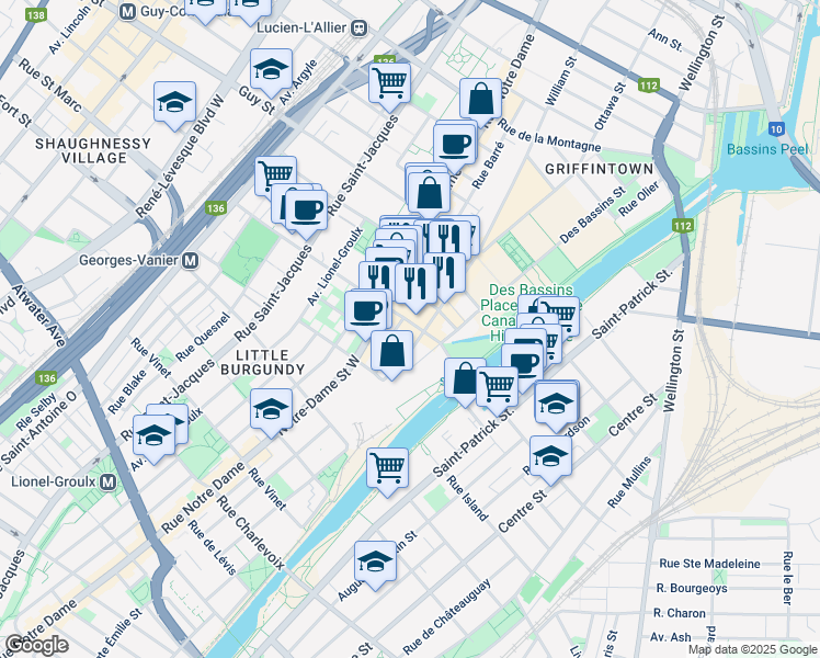 map of restaurants, bars, coffee shops, grocery stores, and more near 370 Rue des Seigneurs in Montréal