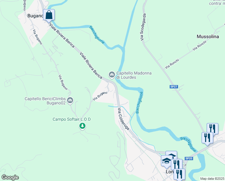 map of restaurants, bars, coffee shops, grocery stores, and more near 106 Via Bugano in Longare