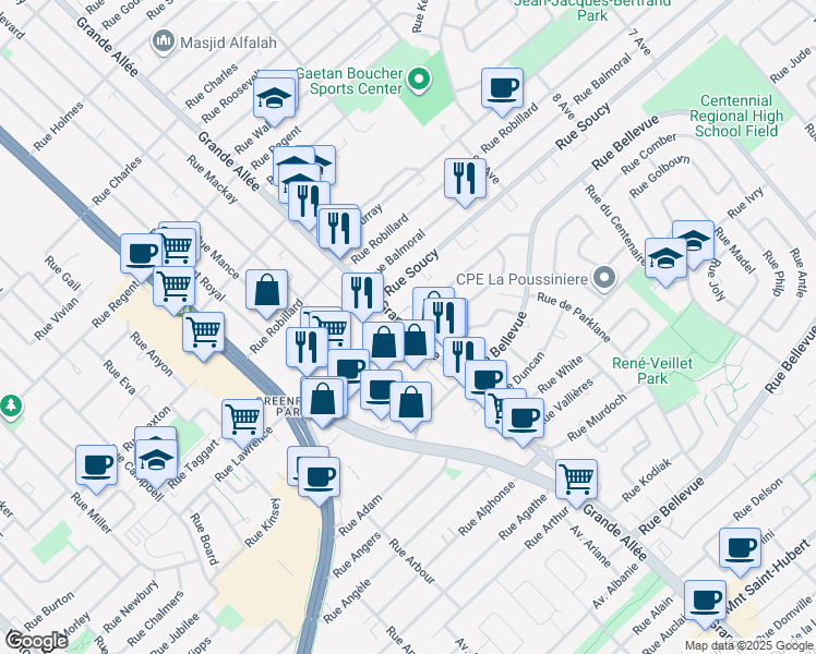 map of restaurants, bars, coffee shops, grocery stores, and more near 527 Rue Louis Lamarre in Longueuil