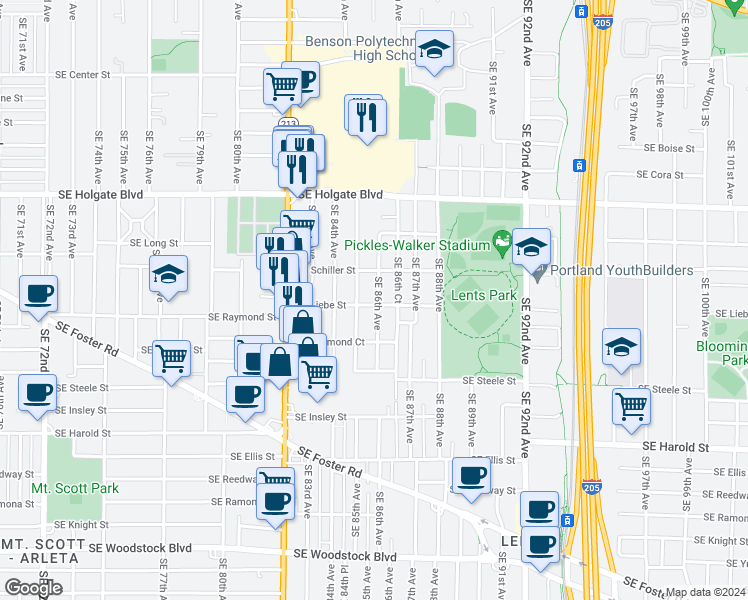 map of restaurants, bars, coffee shops, grocery stores, and more near 4845 Southeast 86th Avenue in Portland