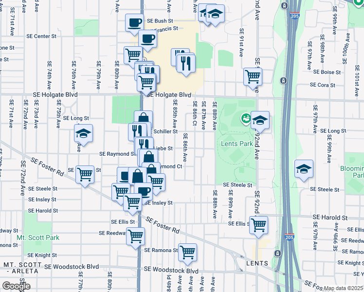 map of restaurants, bars, coffee shops, grocery stores, and more near 8537 Southeast Liebe Street in Portland