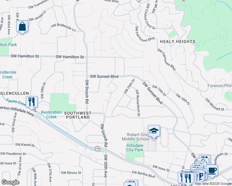map of restaurants, bars, coffee shops, grocery stores, and more near 4810 Southwest Dosch Park Lane in Portland