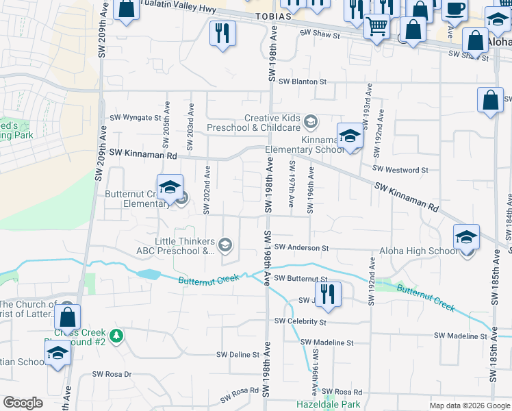 map of restaurants, bars, coffee shops, grocery stores, and more near 4495 Southwest Plumeria Way in Beaverton