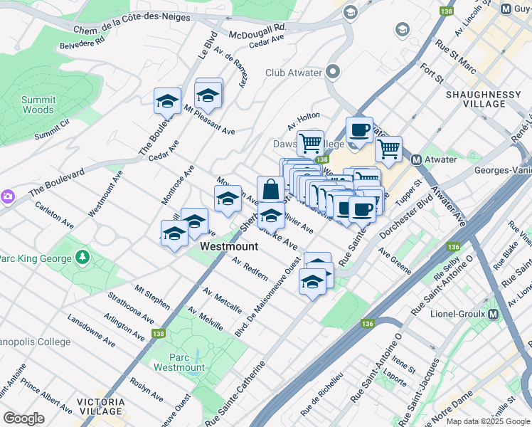 map of restaurants, bars, coffee shops, grocery stores, and more near 4278 Sherbrooke Street West in Montreal