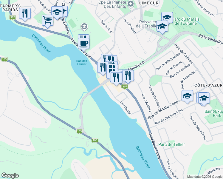 map of restaurants, bars, coffee shops, grocery stores, and more near 13 Rue Cartier in Gatineau