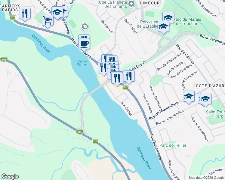map of restaurants, bars, coffee shops, grocery stores, and more near 13 Rue Cartier in Gatineau