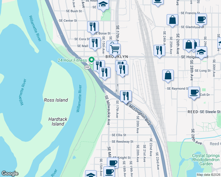 map of restaurants, bars, coffee shops, grocery stores, and more near Southeast 16th Avenue in Portland