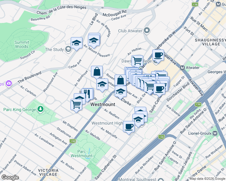 map of restaurants, bars, coffee shops, grocery stores, and more near 4890 Boulevard De Maisonneuve Ouest in Westmount