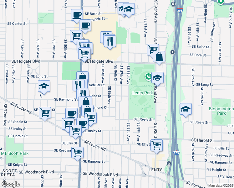 map of restaurants, bars, coffee shops, grocery stores, and more near 4830 Southeast 86th Place in Portland