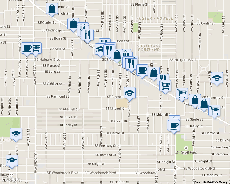 map of restaurants, bars, coffee shops, grocery stores, and more near 4849 Southeast 63rd Avenue in Portland