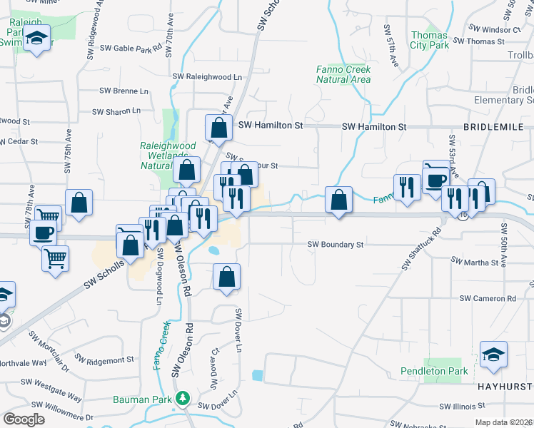 map of restaurants, bars, coffee shops, grocery stores, and more near 6303 Southwest Beaverton Hillsdale Highway in Portland