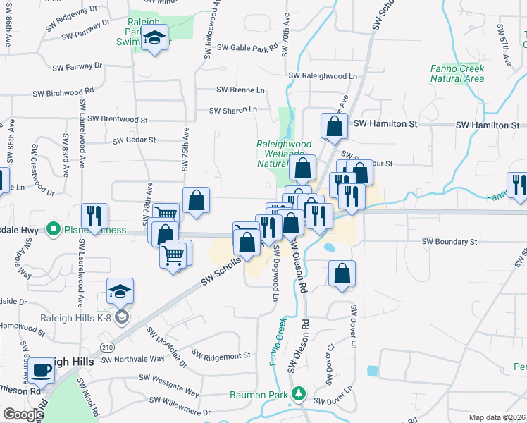 map of restaurants, bars, coffee shops, grocery stores, and more near 4505 Southwest Dogwood Lane in Portland