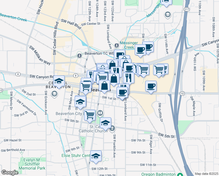 map of restaurants, bars, coffee shops, grocery stores, and more near 12130 Southwest Broadway Street in Beaverton