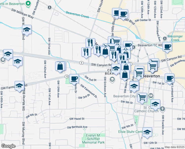 map of restaurants, bars, coffee shops, grocery stores, and more near 13355 Southwest Farmington Road in Beaverton