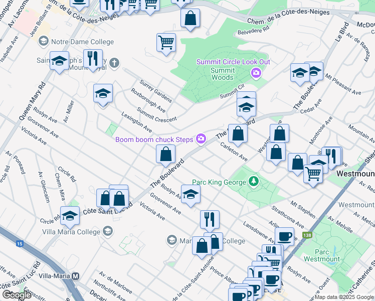 map of restaurants, bars, coffee shops, grocery stores, and more near in Westmount