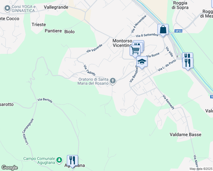 map of restaurants, bars, coffee shops, grocery stores, and more near 54 Via Tovi in Montorso Vicentino