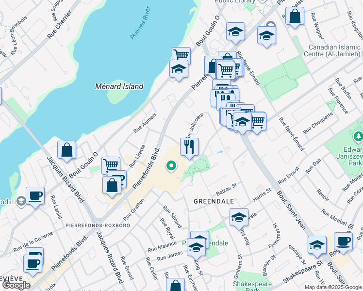 map of restaurants, bars, coffee shops, grocery stores, and more near 14410 Jolicoeur St in Montreal