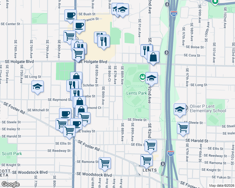 map of restaurants, bars, coffee shops, grocery stores, and more near 4848 Southeast 87th Avenue in Portland