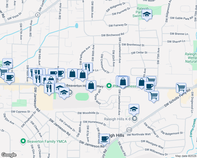 map of restaurants, bars, coffee shops, grocery stores, and more near 4585 Southwest Poplar Lane in Portland
