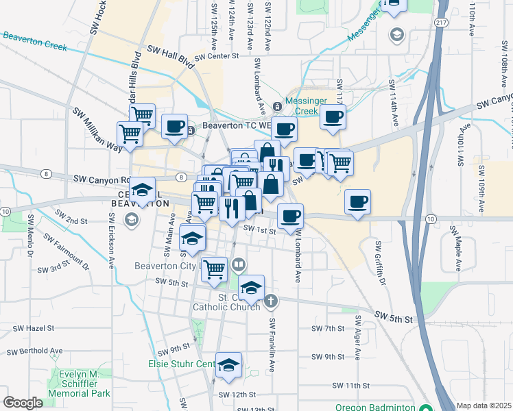 map of restaurants, bars, coffee shops, grocery stores, and more near in Beaverton