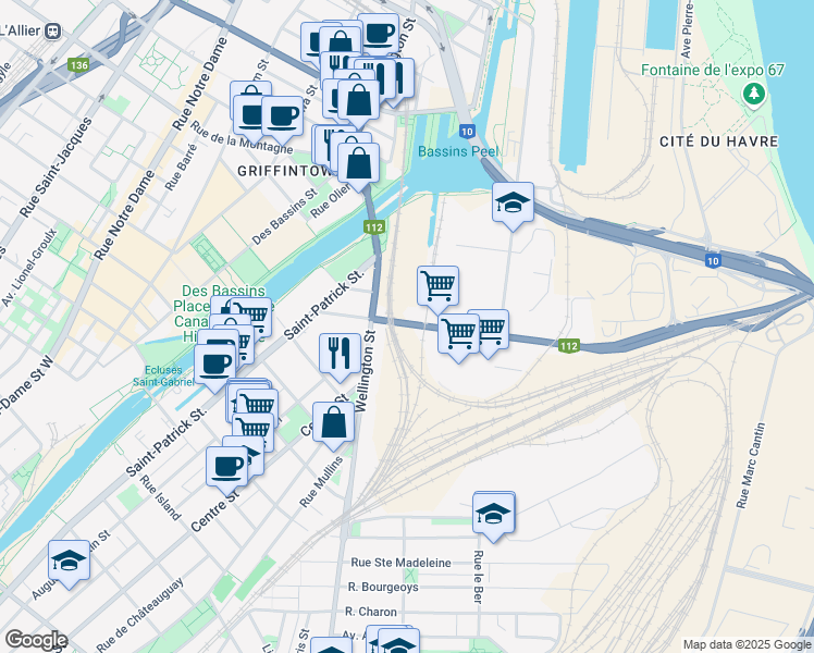 map of restaurants, bars, coffee shops, grocery stores, and more near 455 Rue Bridge in Montréal