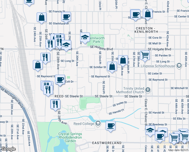 map of restaurants, bars, coffee shops, grocery stores, and more near 4983 Southeast 33rd Avenue in Portland