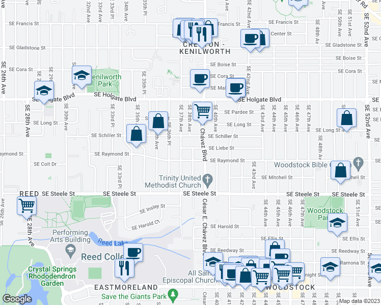 map of restaurants, bars, coffee shops, grocery stores, and more near 4915 Southeast 38th Avenue in Portland