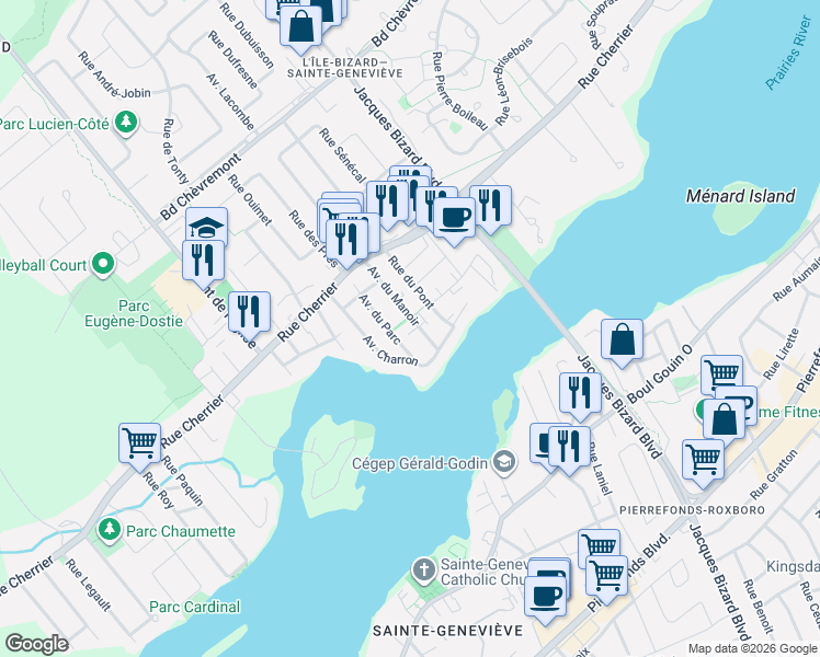 map of restaurants, bars, coffee shops, grocery stores, and more near 158 Avenue du Manoir in Montréal