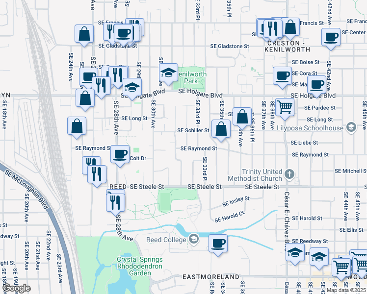 map of restaurants, bars, coffee shops, grocery stores, and more near 4983 Southeast 33rd Avenue in Portland
