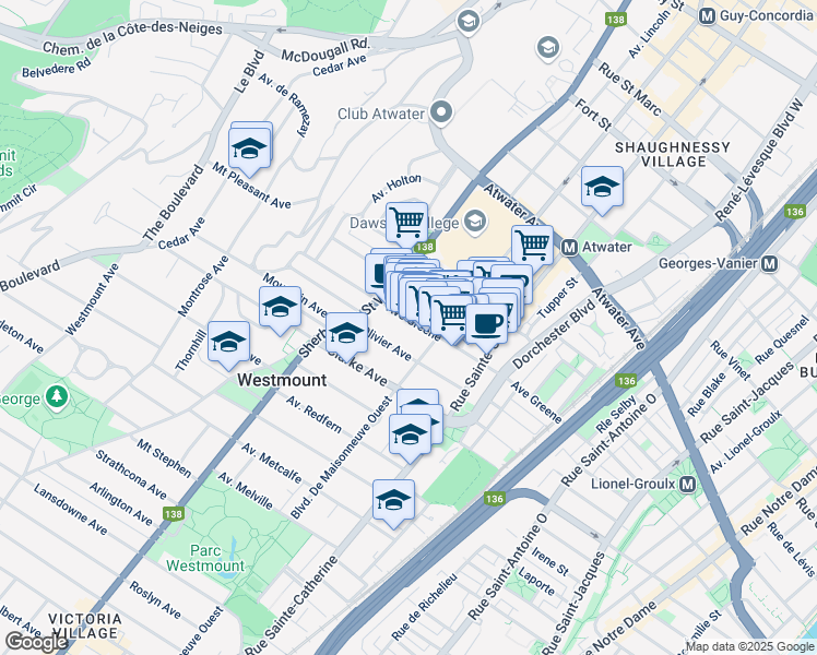 map of restaurants, bars, coffee shops, grocery stores, and more near 1334 Avenue Greene in Westmount