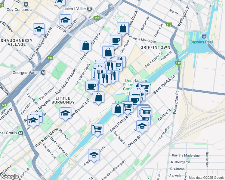map of restaurants, bars, coffee shops, grocery stores, and more near in Montreal