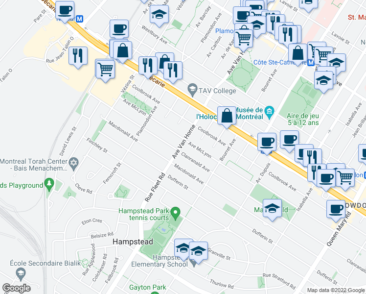 map of restaurants, bars, coffee shops, grocery stores, and more near 5492 Avenue Van Horne in Montréal