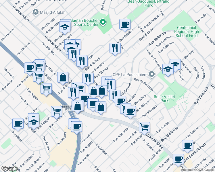 map of restaurants, bars, coffee shops, grocery stores, and more near 527 Rue Louis Lamarre in Longueuil