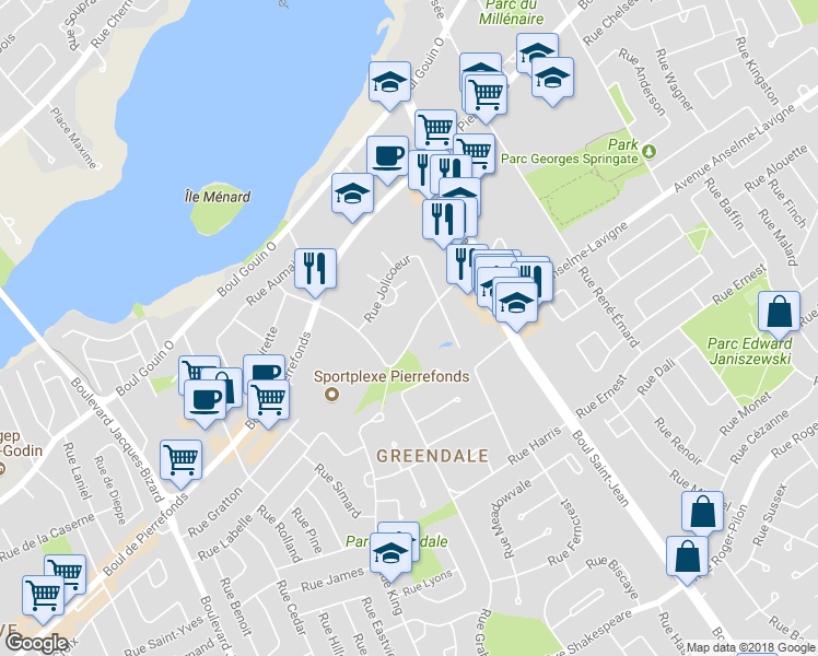 map of restaurants, bars, coffee shops, grocery stores, and more near 14411 Rue Harry-Worth in Montréal