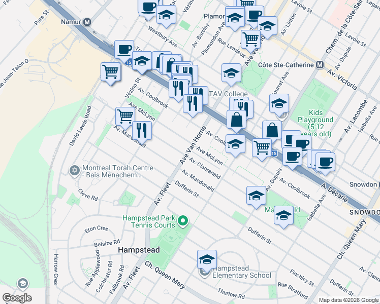 map of restaurants, bars, coffee shops, grocery stores, and more near 5492 Avenue Van Horne in Montréal