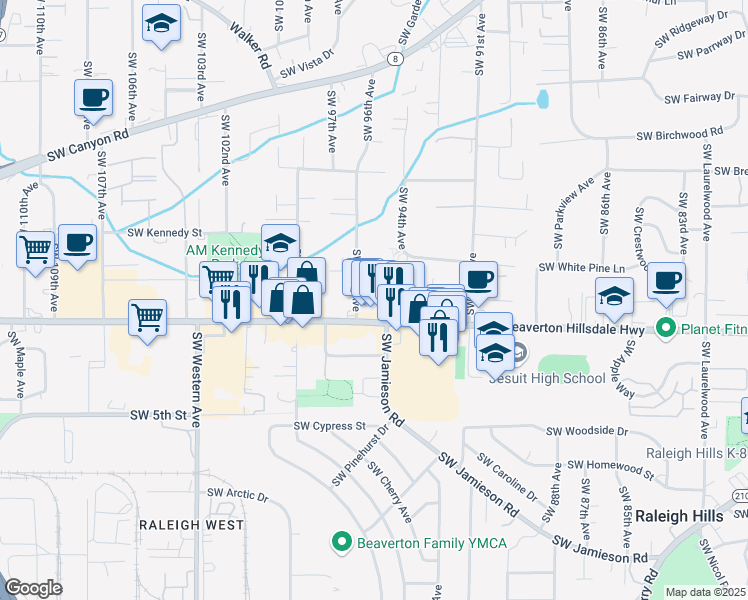 map of restaurants, bars, coffee shops, grocery stores, and more near 4560 Southwest 96th Avenue in Beaverton