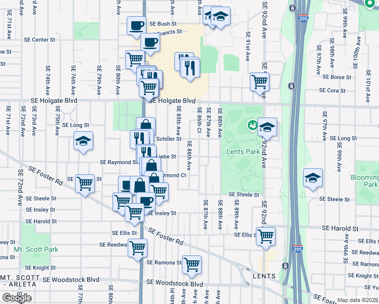 map of restaurants, bars, coffee shops, grocery stores, and more near 4845 Southeast 86th Avenue in Portland