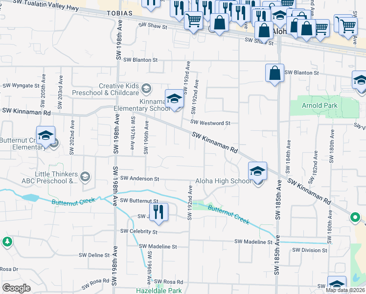 map of restaurants, bars, coffee shops, grocery stores, and more near 4545 Southwest 194th Court in Beaverton