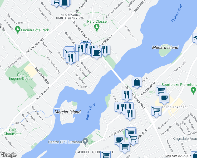 map of restaurants, bars, coffee shops, grocery stores, and more near 340 Avenue Charron in Montréal