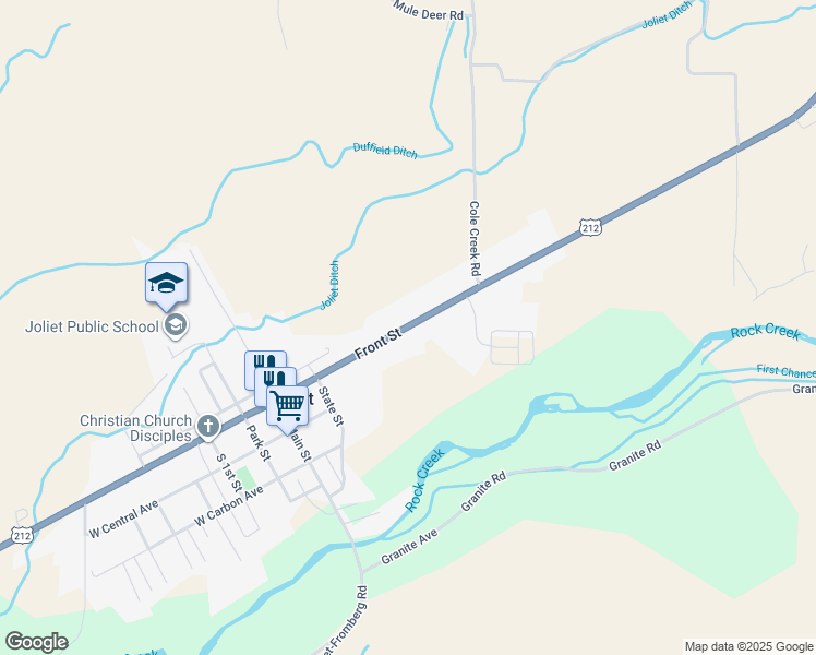 map of restaurants, bars, coffee shops, grocery stores, and more near East Front Avenue in Joliet