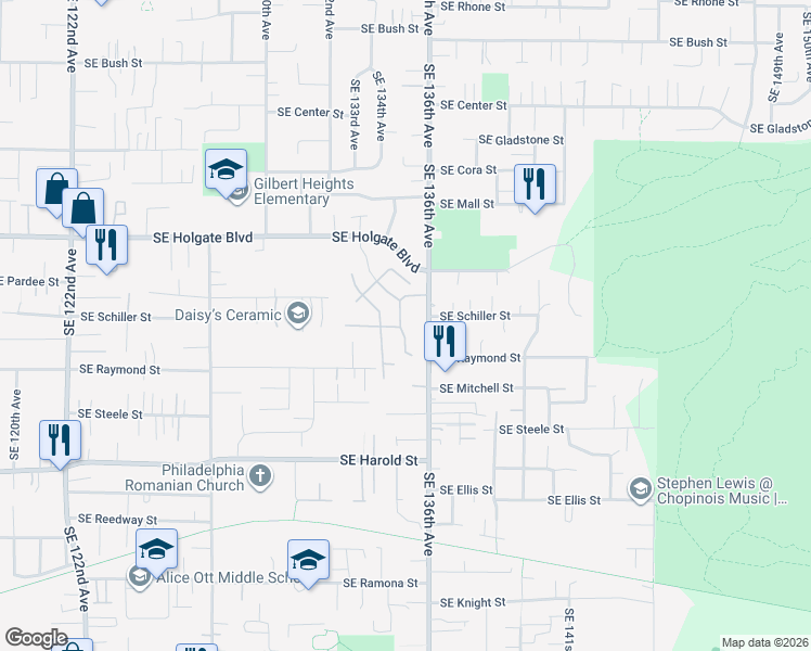 map of restaurants, bars, coffee shops, grocery stores, and more near 4772 Southeast 134th Drive in Portland