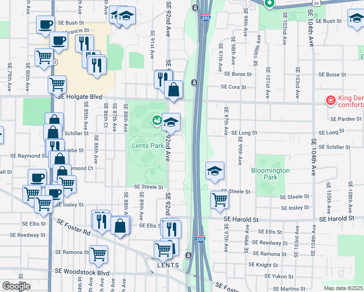 map of restaurants, bars, coffee shops, grocery stores, and more near 4816 Southeast 92nd Avenue in Portland