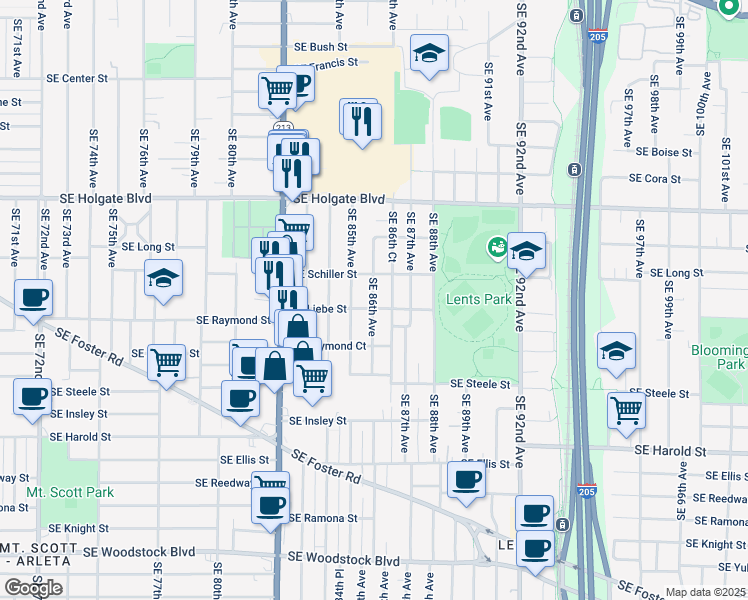 map of restaurants, bars, coffee shops, grocery stores, and more near 4830 Southeast 85th Avenue in Portland