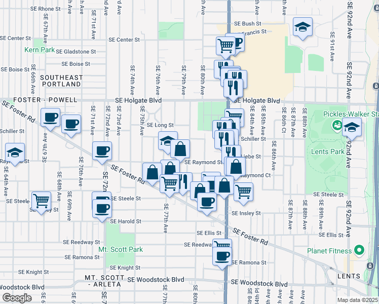 map of restaurants, bars, coffee shops, grocery stores, and more near 4871 Southeast 80th Avenue in Portland