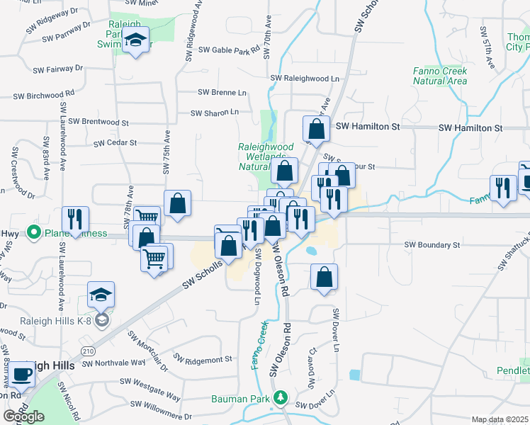 map of restaurants, bars, coffee shops, grocery stores, and more near 4541 Southwest Scholls Ferry Road in Portland
