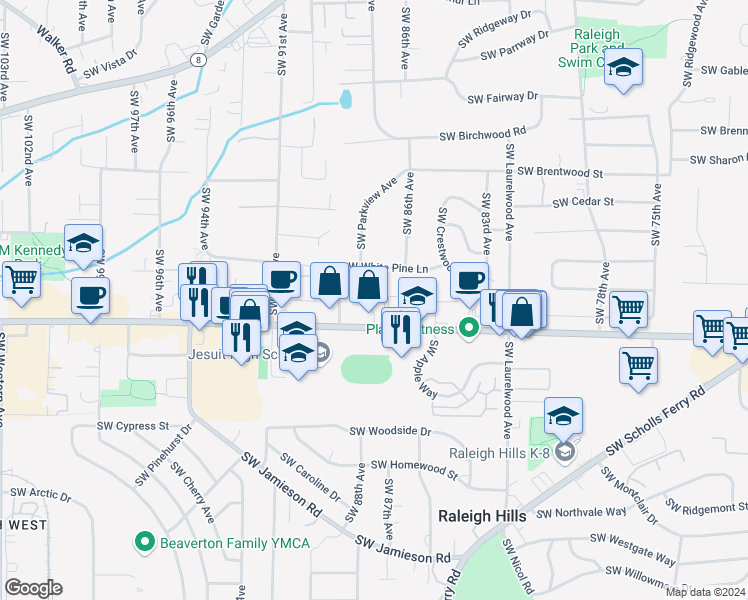map of restaurants, bars, coffee shops, grocery stores, and more near 8635 Southwest Beaverton Hillsdale Highway in Portland