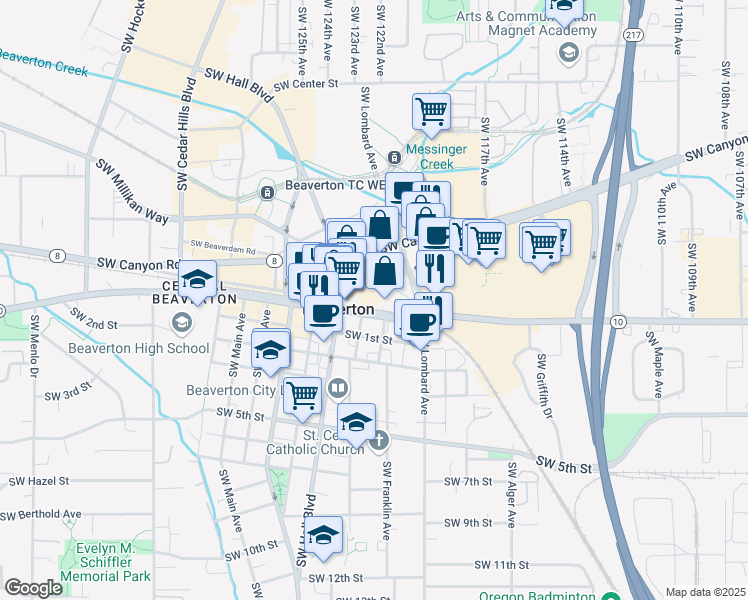 map of restaurants, bars, coffee shops, grocery stores, and more near 12130 Southwest Broadway Street in Beaverton