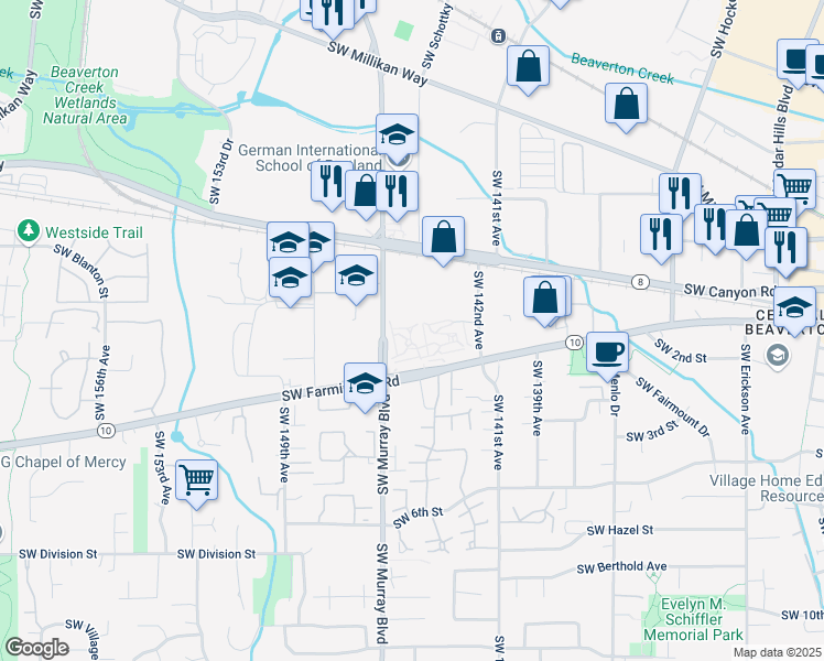 map of restaurants, bars, coffee shops, grocery stores, and more near 4470 Southwest Murray Boulevard in Beaverton