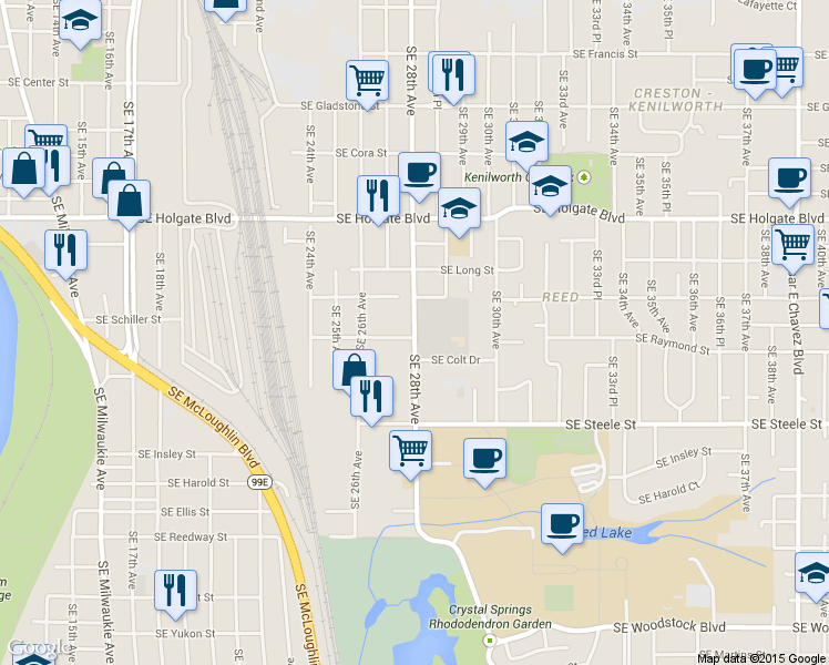 map of restaurants, bars, coffee shops, grocery stores, and more near 4942 Southeast 28th Avenue in Portland
