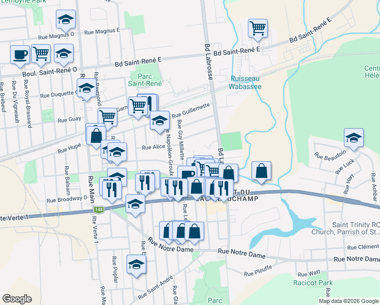 map of restaurants, bars, coffee shops, grocery stores, and more near 355 Rue Saint-James in Gatineau
